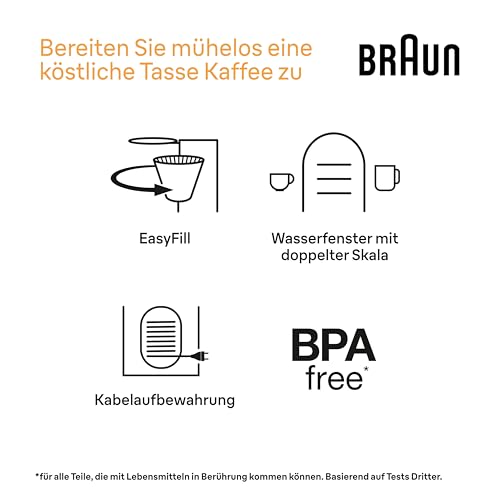 Braun PurShine KF 1500 BK Kaffeemaschine - Filterkaffeemaschine mit Glaskanne für bis zu 10 Tassen, OptiBrew-System, Automatische Abschaltung, 1000 Watt, Schwarz – Ansicht 7