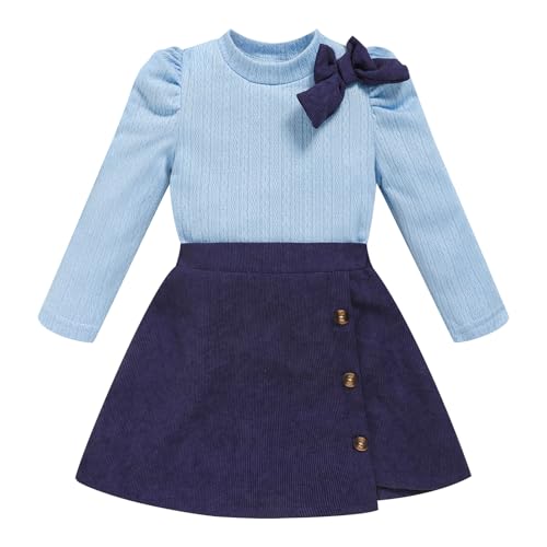 Toddler Girl Plaid Outfits Fall Winter Dress Knit Ribbed Bow Sweatshirt Tops and Button Fashion Skirts Set（Blue,6Y