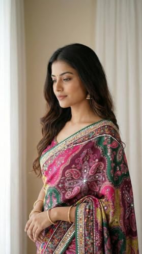 Image of Ajrakh Sarees for Women Roman Silk Ajrakh Print Saree for Woman with Mirror Work Border & Designer Pallu with Blouse Piece Multicolor Ethnic Wear (Rani)
