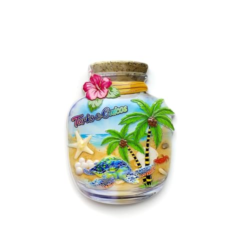 LUYMFSY Turks & Caicos 3D Fridge Magnet, Resin, Bottle Shape, Tropical Beach Souvenir, Sea Turtle and Palm Tree, 3.15 x 2.36 Inch