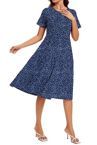 Image of Womens Summer Short Sleeve Crew Neck Midi Dress 2026 Casual Fit Flowy Tiered Beach Vacation Sundress with Pockets