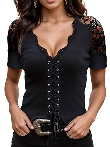 Flamingals Womens V Neck Short Sleeve Blouses Lace Sexy Tops Black XL