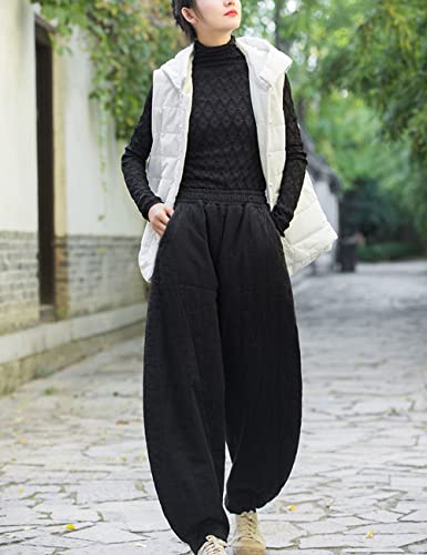 NFYM Women Quilted Pants Winter Warm Thick Cotton Linen Casual Wide Leg Elastic Waist Pocket Lantern Trousers4