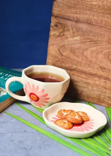Image of WEAVING HOMES Handcrafted CeramicFlower Mug & Dessert Plate (Set of 2, Multicolor) - Coffee Mugs and Dessert Plates for Birthday Gifts, Mugs for Office and Travel