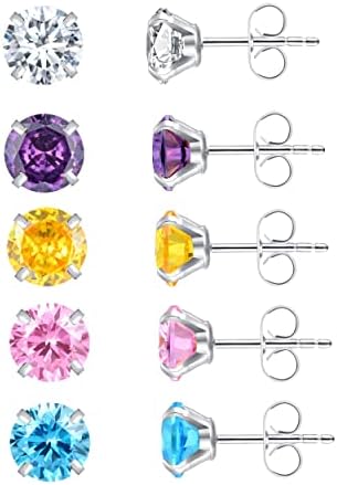 5 Pairs Surgical Steel Stud Earrings Set,Hypoallergenic Cubic Zirconia 14K Gold Plating Earrings for Women Girls (7mm, Silver)