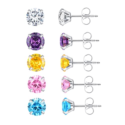 5 Pairs Surgical Steel Stud Earrings Set,Hypoallergenic Cubic Zirconia 14K Gold Plating Earrings For Women Girls (7Mm, Silver) #TOP2