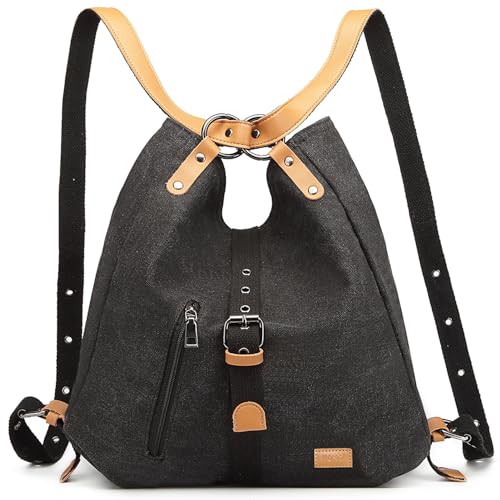 KONO Damen Rucksackhandtaschen Rucksack Canvas Handtasche 2 in 1 Vintage Damen Umhängetasche Verstellbare Schultergurte für Alltag Büro Schule Ausflug Einkauf(Schwarz)