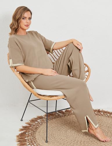 Image of Tanming Sweater Sets Women 2 Piece Lounge Sets Short Sleeve Knit Pullover Tops Wide Leg Pants