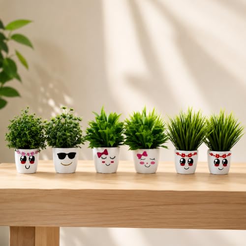 Image of Artificial Smiley Face Plant Pots with Artificial Plants | Cute Mini Flower Pots for Home Decor, Office Desk, Study Table, Living Room, Balcony | Indoor Planter Set | Pack of 6