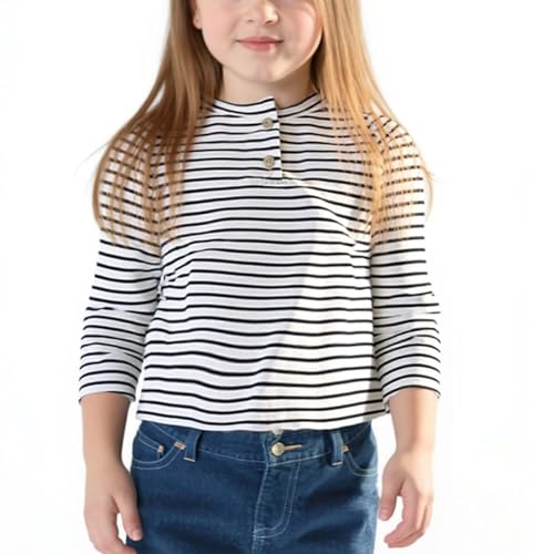 Xiaojmake Toddler Baby Girls Striped Print T-Shirt Henley Neck Button Long Sleeve Top Soft Lightweight Soft Fall Shirt 6M-5Y White