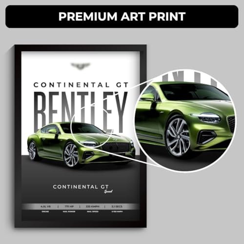 Image of Bentley Continental GT Poster | Framed Bentley A4 Sized (31 x 23 cm) | Continental GT Car Poster for Wall, Gift for Boys, Luxury Frames | Dream Car Posters for Wall, Bedroom, Hostel, Study Area, Hostel (F 070)