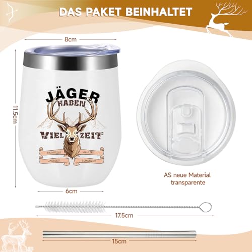 Weihnachtsgeschenke für Jäger, Jagdgeschenke für Frauen & Männer, Hirsch-Tasse mit Jäger Haben Viel Zeit, Edelstahl-Weinbecher, Thermobecher-Geschenkset mit Strohhalm, Strohhalmbürste & Geschenkbox