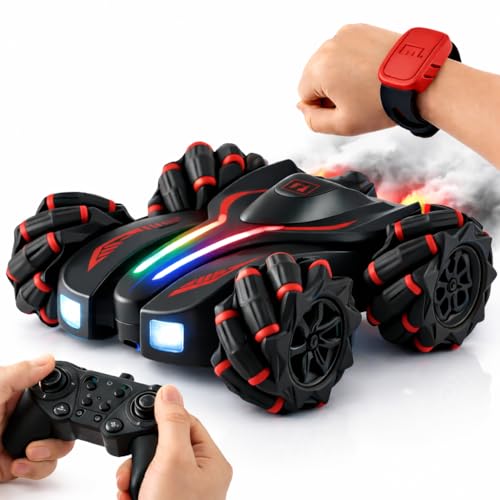 Image of Eli & Chi 4X4 Wheel Drive Double Sided RC Stunt Toy Car: Drift Toy for Kids & Adult Remote Control Racing 360 RGB Lights Off Road 2 Rechargeable Batteries High Speed Spray Gesture Watch,Black