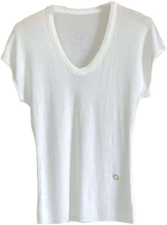 Women's Slim Fit Elastic Round Neck Knit Short Sleeve Top