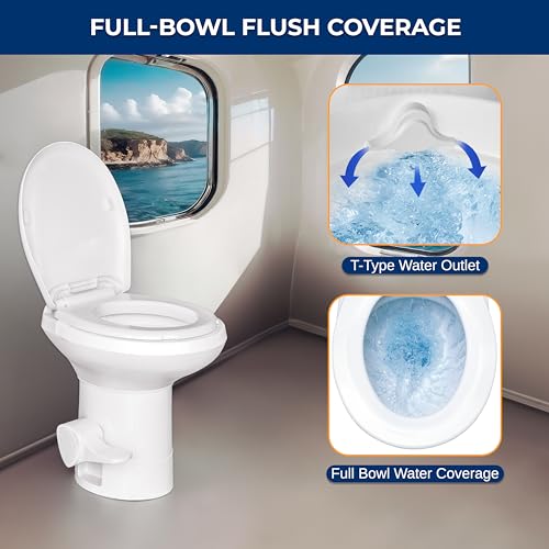 Image of SereneLife RV Gravity Flush Toilet with Foot Pedal and Hand Sprayer | T-Type Full-Bowl Flush Coverage With Odor-Resistant Sealing For RVs, Boats, Campers, Trailers And Marine Bathrooms