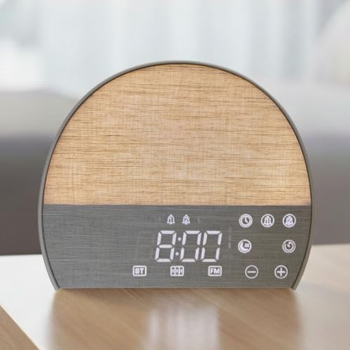 Despertador Luz Amanecer, 10 Sonidos Relajantes Naturaleza, 5 Sonidos Blancos, Altavoz Bluetooth, Radio FM, Temporizador, Brillo Ajustable, 2 alarmas, Función Snooze, Lámpara de Noche Luz Led Cálida