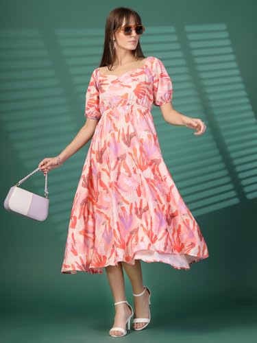 Image of OOMPH! Below Knee Shift Pink Dress in Crepe Fabric with Round Neck and Puff Sleeves - md619l