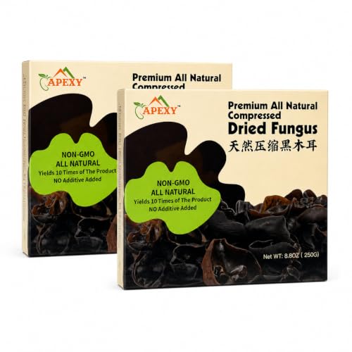 APEXY Dried Black Fungus Wood Ear Mushroom, 8.8 oz Compressed Dried Mushroom, Expands Up to 10X After Soaking, Crunchy Asian Cooking Ingredient for Soup, Stir Fry, Hot Pot &amp; Salad Pack of 2