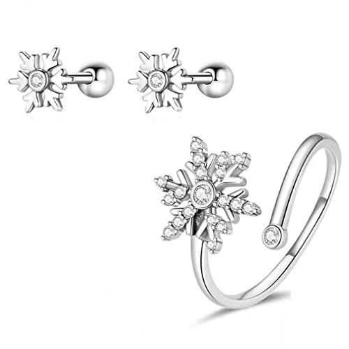 Boucles d'oreilles flocon de neige cristal et bague ajustable sans souci de taille