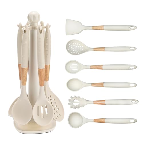 FTNESGYM Cooking Kitchen Utensils Set, 7PCS Silicone Cooking Utensil Set with Rotating Holder, Heat Resistant Kitchen Essentials, Kitchen Gadgets for Cookware (White)