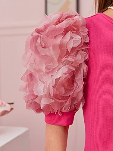 WDIRARA Girl's Ribbed Mesh Short Puff Sleeve Cute Birthday Party Pencil Mini Dress4