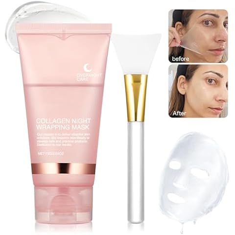 MUOCOBU Collagen Overnight Wrapping Peel Off Face Mask Collagen Face Mask Overnight-Deep Hydration Care, Reduce Sagging & Dullness for Glowing Skin 2.65 fl.oz, Brush Included (PINK) Cover