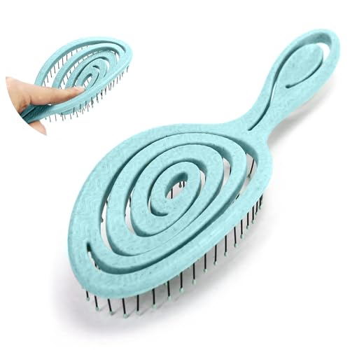 DHinkyoung Hair Detangling Brush with Bending Bristles, Unique Spiral Tangle-Free Hairbrush,Anti Static Hair Straightening Brush Gift, Comfortable Massage Brushes for Women Men Wet Dry (Blue)