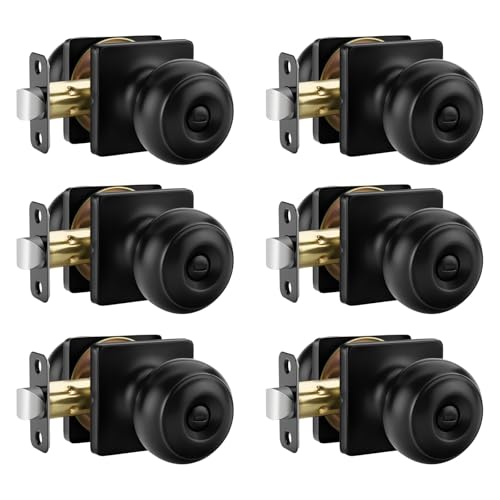 Haidms Matte Black Door Knobs Interior, Square Bedroom Door Knob Bathroom, Black Interior Door Knobs Round Ball with Square Plate Coin Unlock 6 Pack by Haidms - Used condition - US$23.04