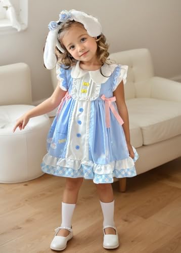 Girls Cute Anime Cartoon Print Cosplay Sky Blue Sweet Dress Ruffles Sleeve Casual Dress Headband3