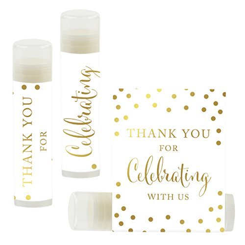 Andaz Press Bridal Shower Bachelorette Party Lip Balm Party Favors, Metallic Gold Ink on White, Thank You for Celebrating With Us, Bridesmaid Lip Gloss 12-Pack