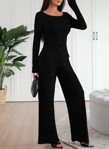 Pink Queen Sweatsuits Women 2 Piece Outfit Asymmetrical Long Sleeve Top Wide Leg Pants Casual Matching Sweat Sets3