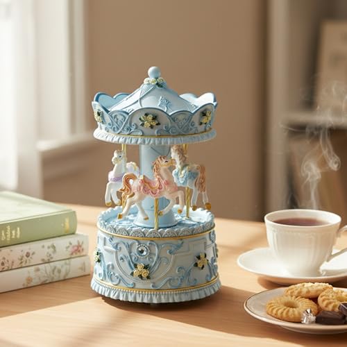 Mr.Winder Lighted Rotating Carousel Music Box, Wind Up Musical Merry-Go-Round Figurine, Hand Painted Vintage Blue Collectible Decor, Plays Over The Rainbow, Gift for Girls, Women, Nursery, Bedroom