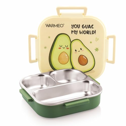 Image of WARMEO Jerry Insulated Lunch Box with Three Compartment BPA Free, Kids Lunch Box,Food Grade Ideal for School, Picnic, Office & Outdoor - 500ml Avocado, Stainless Steel