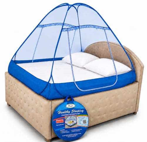 Image of Healthy Sleeping Mosquito Net | Double Bed | Supreme King Size Bed | Foldable Machardani with 2 Side Zipper Opening | Strong 30GSM Polyester Net | PVC Coated Steel Wire (Blue)