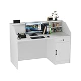 MSFE Empfangstheke mit LED,Verkaufstheke mit Schubladen,Schränke,Regale und Ladestation,Modern Holz Empfangsmöbel Rezeption Tisch Kompakt Fronttresen für Beauty Salon,Geschäft,Hotel,Büro,140*60*110CM