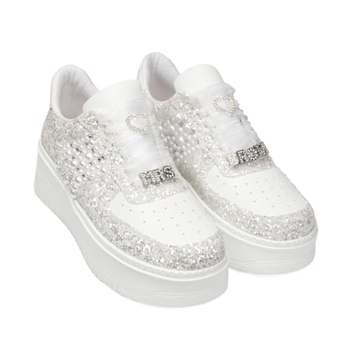 Bridal Shoes Wedding Sneakers, Personalized Shoes for Bride, Lace Bridal Tennis Shoes, Bride Platform Shoes Flat Sole (37 EUR / 6,5 US) White