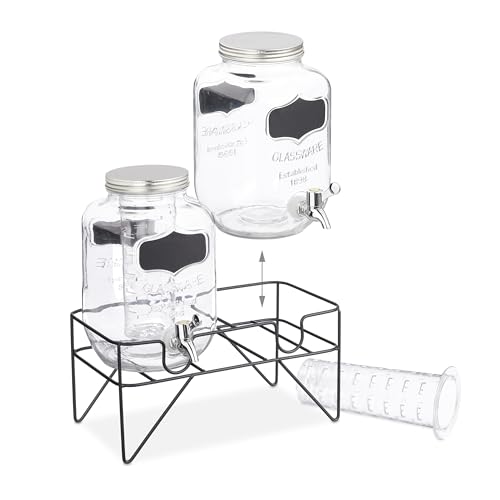 Miniatura 5 de Relaxdays Set 2 Dispensadores Bebidas Con Soporte, Recipiente Limonada 4l, Grifo Y Tapa, Cristal, Surtidor, Transparente