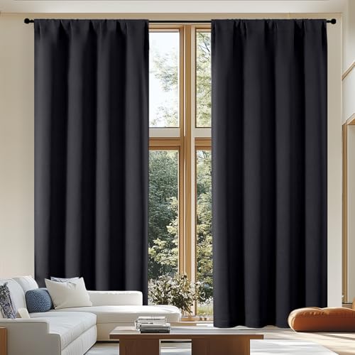 Image of Simplebrand Ava Black Blackout Curtains for Patio 108 Inches Long 2 Panels Set, Solid Thermal Insulated Room Darkening Rod Pocket Window Treatment Curtains Blackout Drapes, W50 x L108 Inch, Black