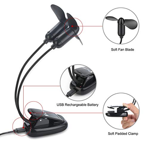 Mini Clip Fan, Yacig Usb Rechargeable Clip On Fan With Two Flexible Arms And Soft Padded Clamp Personal Cooling Fan For Beach, Pool, Camping,Baby Pushchair And Cribs-Black (Black) #TOP2