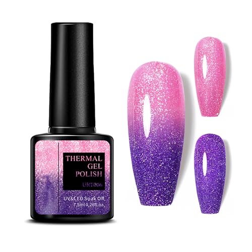 Smalto gel UV che cambia colore, 7,5 ml, cambio di temperatura con effetto glitterato, rosa viola lucido, temperatura cambia colore, smalto Soak Off UV LED Nail Art Gel Smalto per unghie fai da te per