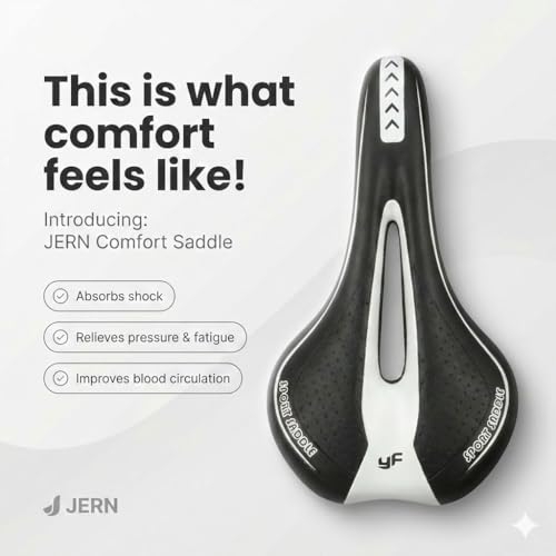 Image of JERN Ergonomic Bicycle Saddle, Memory Foam Comfort Bike Seat with Airflow Vent, Shock Absorption, Anti-Slip Design for MTB, Road, Cycle (White)