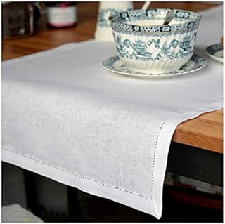 Linen & Cotton Luxury Hemstitched Table Runner FLORENCE, 100% Linen - 43 x 180cm (17.2''x 72''), White