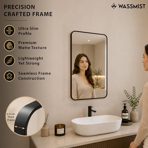 Image of WASSMIST Mirror for Bathroom Wall | Square Bathroom Mirror with Aluminium Frame | HD Reflection Wall Mirror for Living Room /Bedroom (20 X 28 inch)