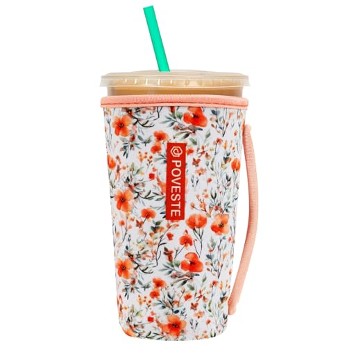 Image of Reusable Neoprene Insulator Sleeve for Iced Coffee & Cold Soda, Coffee Sleeves for Iced & Hot Drinks, Cold Beverage Cooler Compatible with Starbucks, Dunkin (Flower Power, Large: 32oz)