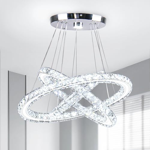 Image of Modern 3 Ring LED Crystal Chandelier Pendant Light, Cool White Ceiling Light Fixture Acrylic Crystal Ring Hanging Lamp, 50×40×30cm, for Living Room Dining Room Bedroom Hallway (Cool White)