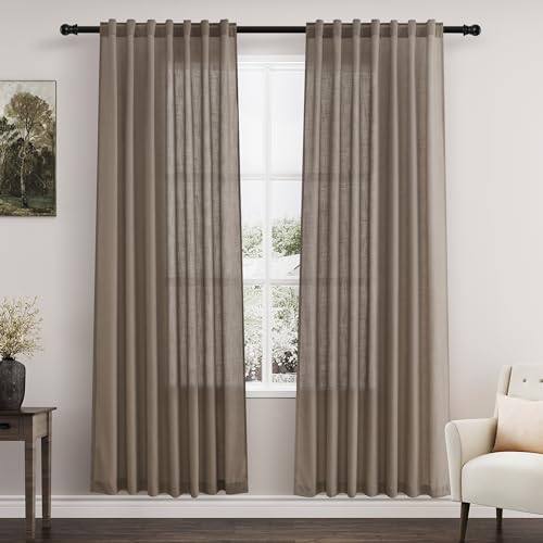 Image of Nanspring Dark Taupe Curtains 80 Inches Length for Living Room Back Tab Rod Pocket Semi Sheer Linen Drapes Muted Neutral Boho Linen Textured Window Curtain for Dining Room Bedroom 52X80 Inches