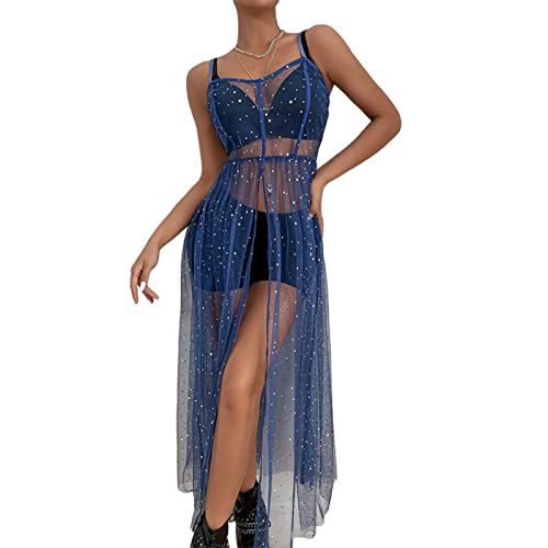 Women Sexy See Through Sheer Mesh Beach Cover Up Dress Sleeveless Maxi Glitter Sequin Split Bikini Dress Beachwear