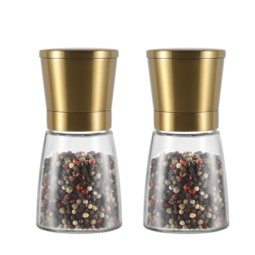 Rozhuhro Set macina sale e pepe manuale, set da 2 macinapepe manuale in acciaio inossidabile, corpo in vetro con anima in ceramica e grana regolabile, per casa cucina esterno,Ottone