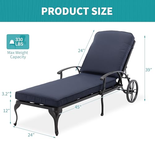HOMEFUN Chaise Lounge Chair Outdoor - Poolside Chairs Set of 2 with Cushion and 1 Patio Side Table Cast Aluminum Waterproof Lounger with Wheels and Adjustable Reclining (Navy Cushion) – product image 2