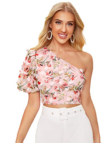 SOLY HUX Women's One Shoulder Puff Short Sleeve Printed Crop Top Blouse Pink Floral Appliques S